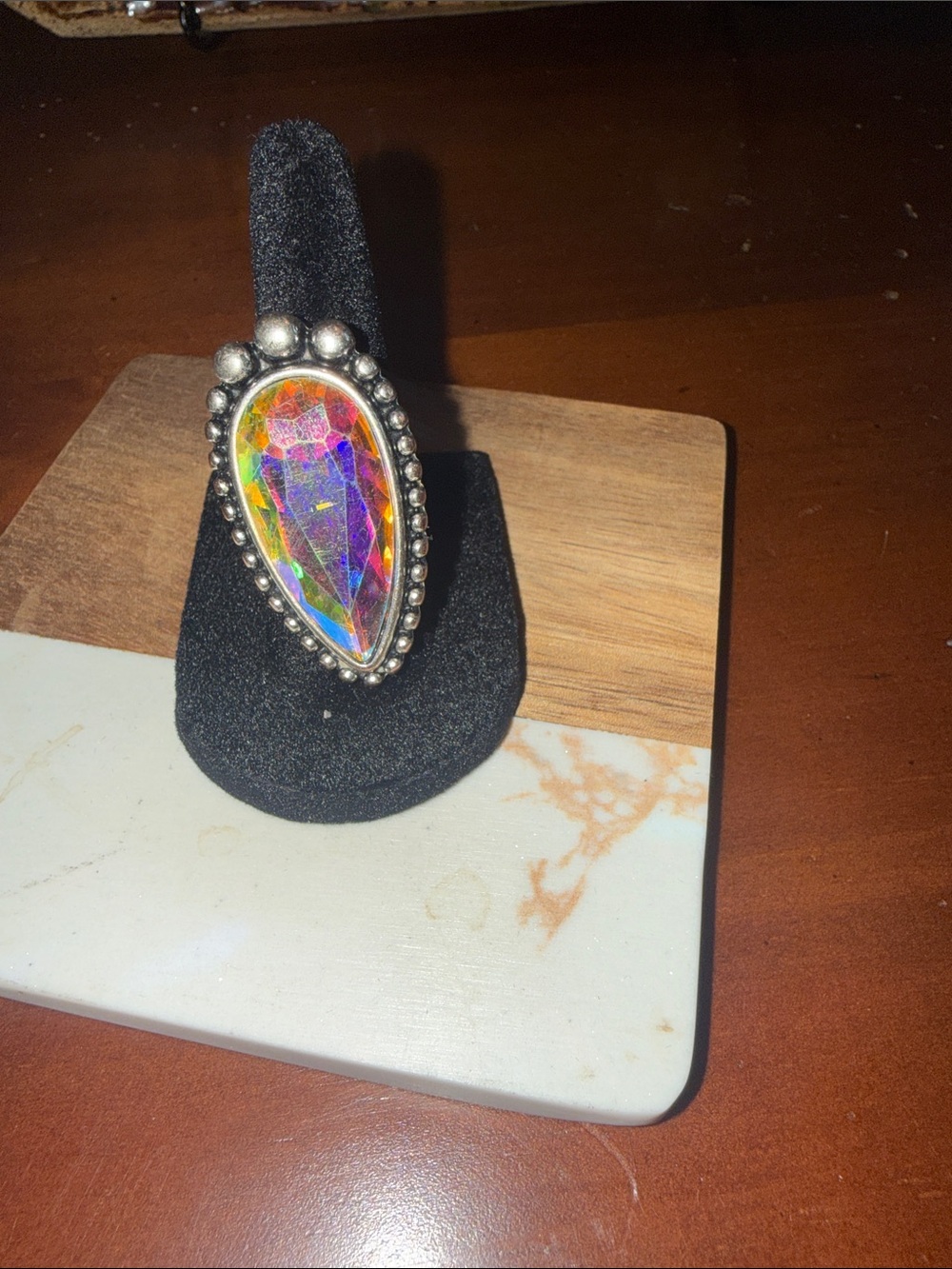 Multicolor Teardrop Statement Ring with Silver Beaded Setting
